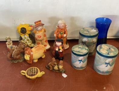 Vintage Mixed Lot: Ceramic Figurines, Decorative Tins, Glass Vase, Plush Bear
