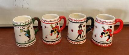 Set of 4 Vintage Ceramic Beer Steins, Folk Art Designs, Red/Green Handles, &ldquo;Prosit&rdquo; & &ldquo;Nazdorovie&rdquo;
