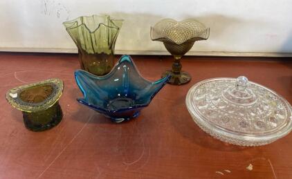 Vintage Mid-Century Art Glass Collection: Blue Bowl, Fluted Vases, Amber Compote, Candy Dish