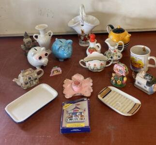 Large Lot of Vintage & Novelty Ceramic Collectibles: Piggy Banks, Teapots, Vases, Nobel Hall Magnet