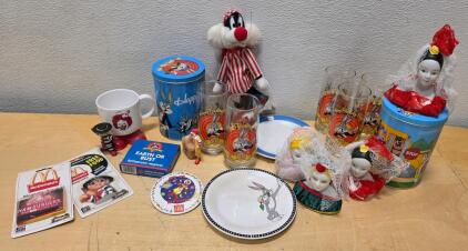 Vintage McDonald's & Looney Tunes Collectibles Lot &ndash; 1980s-90s Glasses, Plush, Tins, Dolls