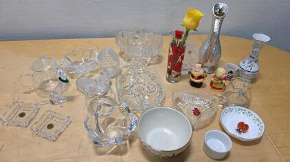 Mixed Lot 20+ Decorative Glass Crystal Bowls, Vases, Ceramic Figurines, Teapots & Coasters