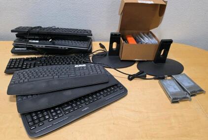 Bulk Lot: Keyboards (Logitech K350), Dell SAS Hard Drives, Monitor Stands, Cables Included
