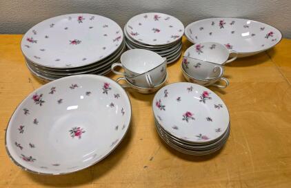 Meito Japan Rose Chintz Porcelain Dinnerware Set with Silver Trim
