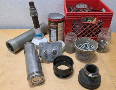 Assorted Plumbing & Mechanical Parts Lot &ndash; Pipe, Pump Canister, Couplings, Hardware, Belts