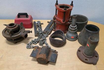 Mixed Lot Industrial Pipe Fittings, Couplings, Pump Volute, 4&ndash;6 in Dia, Toolbox
