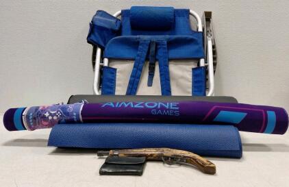Blue Portable Folding Beach Chair with Headrest, Straps, Storage Pockets, Aluminum Frame
