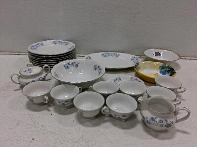 Vintage Floral Porcelain China Dinnerware Set, 22 Pieces, Silver/Gold Trim, Mixed Patterns