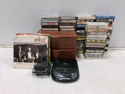 JVC XL-P60 Portable CD Player with Adapter, 40+ Cassette Tapes, 8 Vinyl 45s, Storage Cases