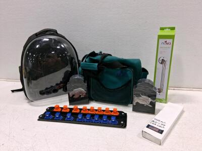 Mixed Lot: Nova 12" Chrome Wall Grab Bar, Hard Shell Backpack, Tool Bag, Animal Decor Holders, Button Panel, Cloth Labels