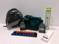 Mixed Lot: Nova 12" Chrome Wall Grab Bar, Hard Shell Backpack, Tool Bag, Animal Decor Holders, Button Panel, Cloth Labels