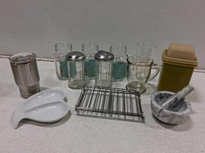 Assorted Kitchenware Lot: Glass Mugs, Stainless Tumbler, Mortar & Pestle, Serving Dish