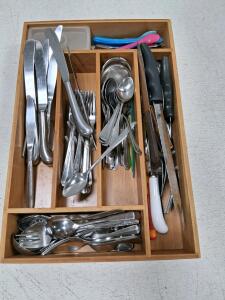 Assorted 55-Piece Kitchen Flatware & Utensil Set with Wooden Tray, Stainless Steel, Mixed Designs