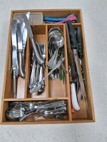 Assorted 55-Piece Kitchen Flatware & Utensil Set with Wooden Tray, Stainless Steel, Mixed Designs