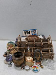 Vintage Decor Lot: Wooden Carrier, Wicker Basket, Patchwork Quilt, Figurines, Glassware