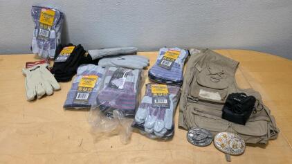 Bulk Lot: Firm Grip Gloves, Utility Vest, Western Belt Buckles, Bushnell Binoculars