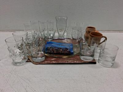 Large Assorted Drinkware Lot: 15 Glasses, 2 Mugs, Glass Dish, Marbles Included