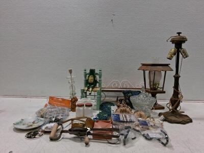 Vintage Mixed Household Decor Lot &mdash; Table Lamps, Glassware, Tools, Hardware, 18+ Pieces