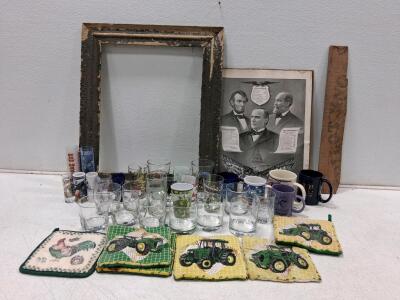 Mixed Vintage Lot: John Deere Pot Holders, Glassware, Presidential Print, Ornate Wood Frame (Worth around $300)