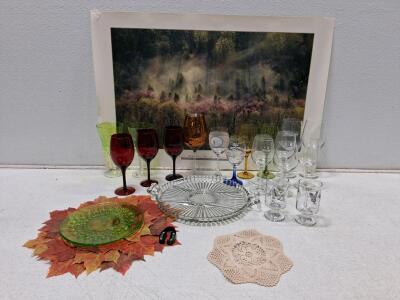 Mixed Vintage Glassware Lot &ndash; 18 Pieces, Assorted Colors, Goblets, Plates, Decor & Art Print
