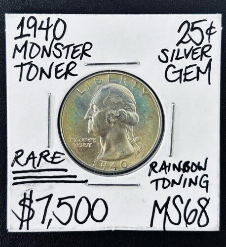 1940 Washington Quarter, MS68, Rainbow Toning, 90% Silver