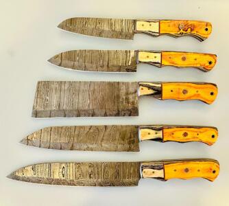 5-Piece Custom Damascus Steel Kitchen Knife Set &ndash; Full Tang, Mosaic Pins, Bright Wood Handles