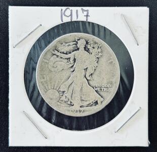 1917 Walking Liberty Half Dollar, 90% Silver, Adolph Weinman Design, Heavy Circulation Wear
