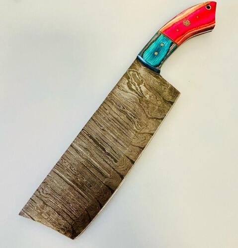 Custom Damascus Steel Cleaver Knife With Blue And Red Wood Handle, 7.5" Blade