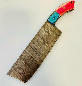 Custom Damascus Steel Cleaver Knife With Blue And Red Wood Handle, 7.5" Blade