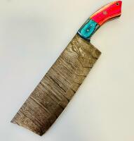 Custom Damascus Steel Cleaver Knife With Blue And Red Wood Handle, 7.5" Blade
