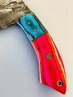 Custom Damascus Steel Cleaver Knife With Blue And Red Wood Handle, 7.5" Blade - 4