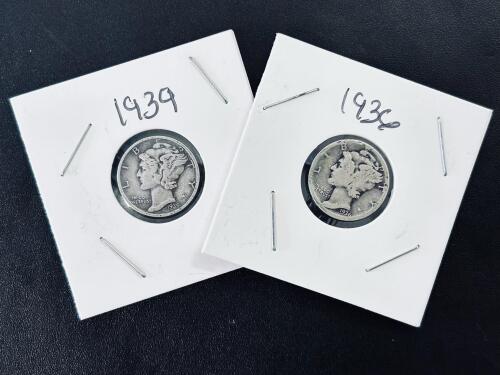 1936 & 1939 Mercury Dimes, 90% Silver, Philadelphia Mint, Circulated, By Adolph Weinman