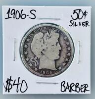 1906-S Barber Half Dollar, 90% Silver, San Francisco Mint, Circulated, 50&cent; Coin