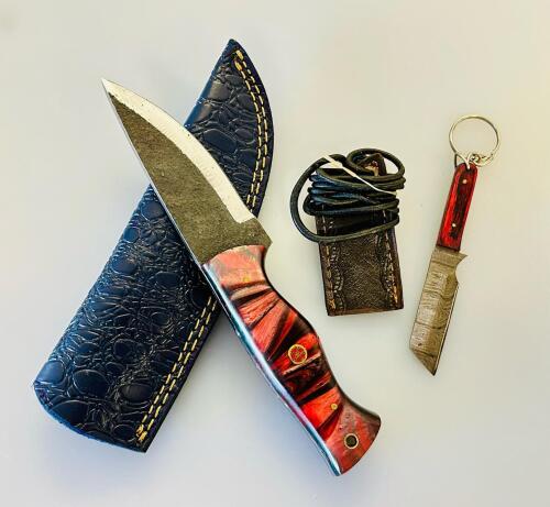 Custom Fixed-Blade Knife Set With Matching Keychain Knife And Leather Sheaths
