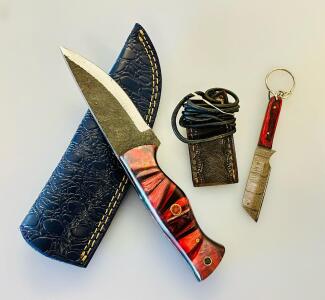 Custom Fixed-Blade Knife Set With Matching Keychain Knife And Leather Sheaths