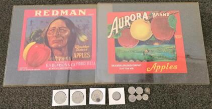 Mixed World Coins & Vintage Apple Crate Labels &ndash; PH, CA, Gaming Tokens, Framed Art