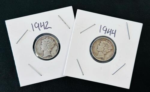 1942 & 1944 Mercury Dimes &ndash; 90% Silver, Circulated Condition