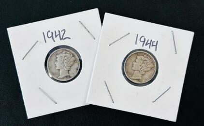 1942 & 1944 Mercury Dimes &ndash; 90% Silver, Circulated Condition