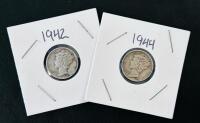 1942 & 1944 Mercury Dimes &ndash; 90% Silver, Circulated Condition