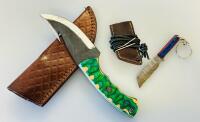 Custom Fixed-Blade Hunting Knife With Gut Hook, Green Dyed Wood Handle, Sheath, Mini Knife