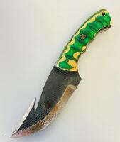 Custom Fixed-Blade Hunting Knife With Gut Hook, Green Dyed Wood Handle, Sheath, Mini Knife - 3