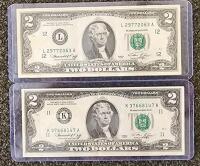 1976 U.S. Federal Reserve $2 Bill &ndash; Two Dollar Note, Used, Series L29772063A & K37668147A