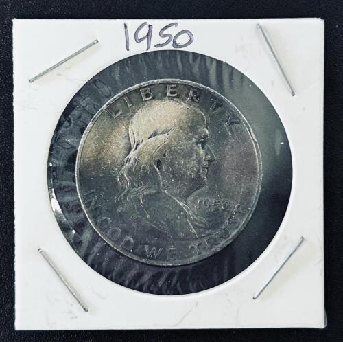 1950 Franklin Half Dollar 90% Silver Coin, Circulated, Red Residue Reverse, In 2x2 Holder