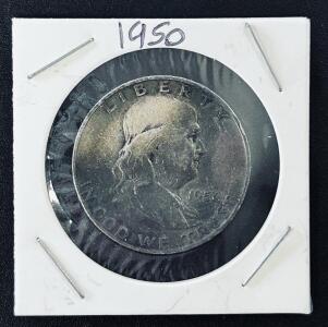 1950 Franklin Half Dollar 90% Silver Coin, Circulated, Red Residue Reverse, In 2x2 Holder