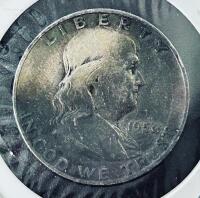 1950 Franklin Half Dollar 90% Silver Coin, Circulated, Red Residue Reverse, In 2x2 Holder - 2