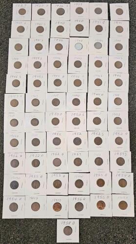 Lincoln Wheat Cent Collection 1929-1958, 67 Coins, Mixed Denver/San Francisco/Philadelphia Mints