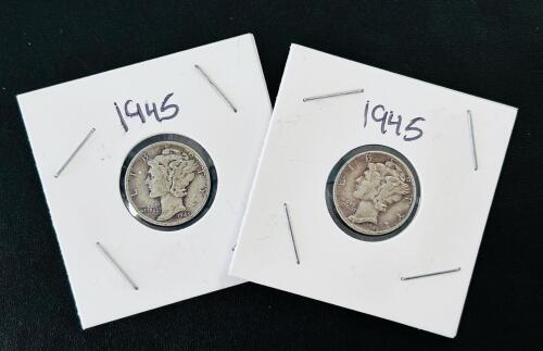 1945 Mercury Dime 90% Silver, Winged Liberty Head Set Of 2, Philadelphia Mint, US Coins