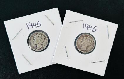 1945 Mercury Dime 90% Silver, Winged Liberty Head Set Of 2, Philadelphia Mint, US Coins