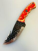 Custom Fixed-Blade Hunting Knife (Red/Yellow Handle, Gut Hook) & Small Folding Pocket Knife (Green/Yellow, Damascus-Style) - 3