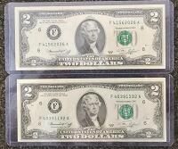 1976 U.S. Federal Reserve $2 Bill &ndash; Two Dollar Note, Used, Series F41562026A & F40391192A
